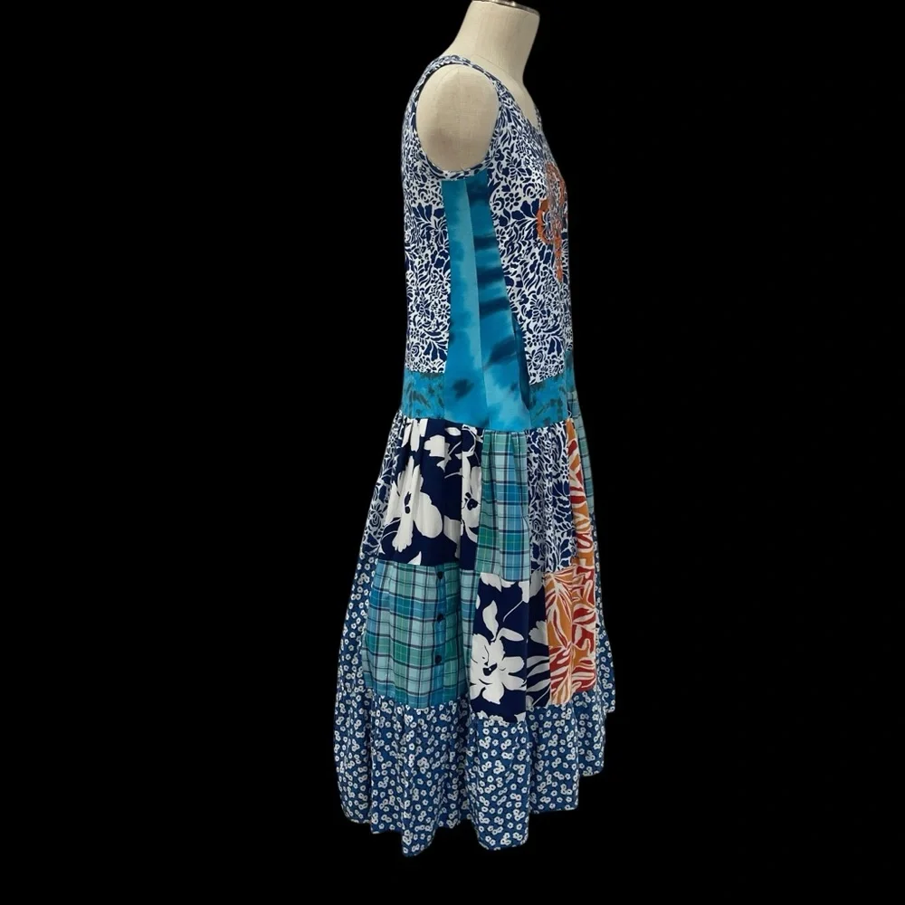 Handmade upcycled Multicolor Sleeveless Patchwork Drop Waist Dress - Picture 5 of 7